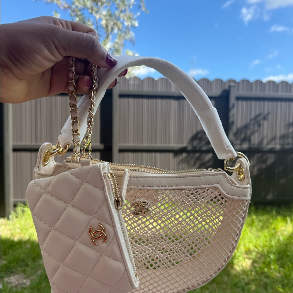 Chanel GWP Cream Quilted and Mesh Shoulder Bag with Gold Accents
